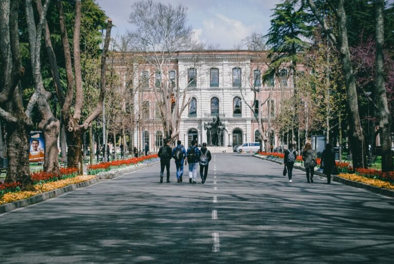 International students walking through a European university campus