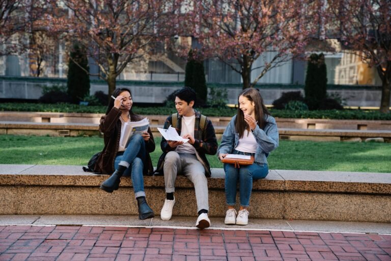 International students studying together on a university campus